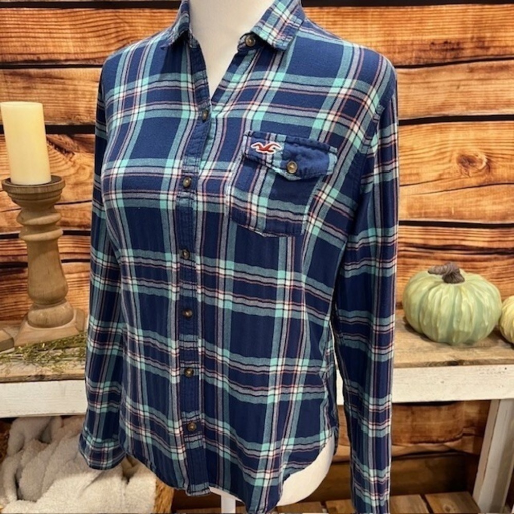 Hollister Youth Blue/Turquiose Flannel Button Down Top Size XS - Picture 2 of 8